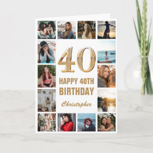 40th Happy Birthday Gold and White Photo Collage Card