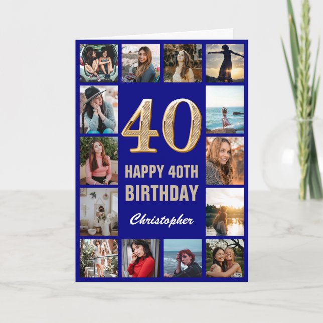 40th Happy Birthday Navy Blue & Gold Photo Collage Card (Front)