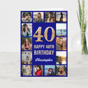 40th Happy Birthday Navy Blue & Gold Photo Collage Card