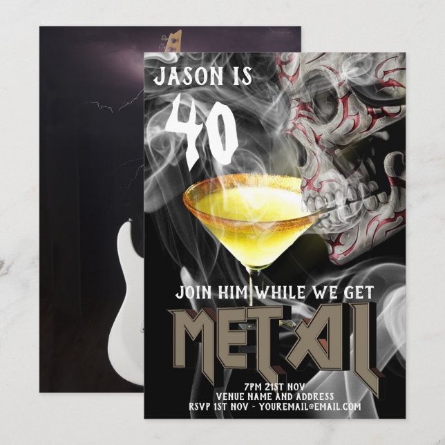 40th Heavy Metal Birthday Invite Guitar GOTH (Front/Back)