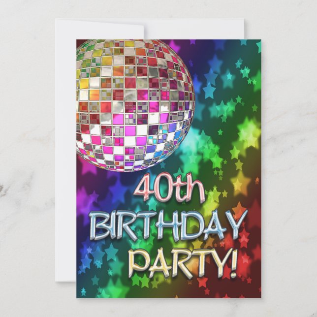 40th invitation with disco ball and rainbow stars (Front)