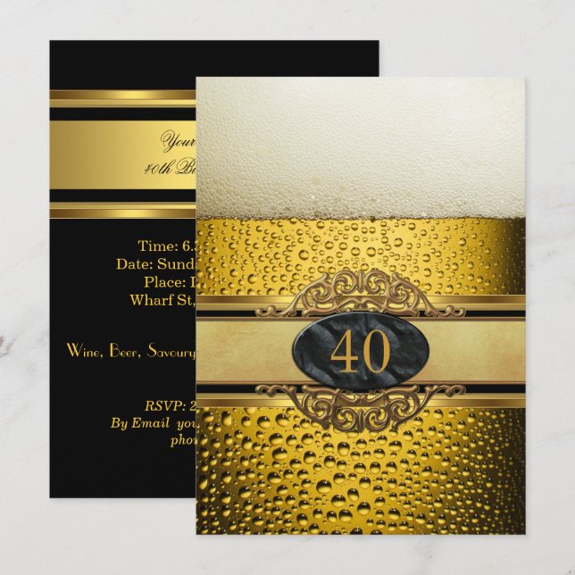 40th Mans Beer Black Gold Birthday Party Invitation (Front/Back)