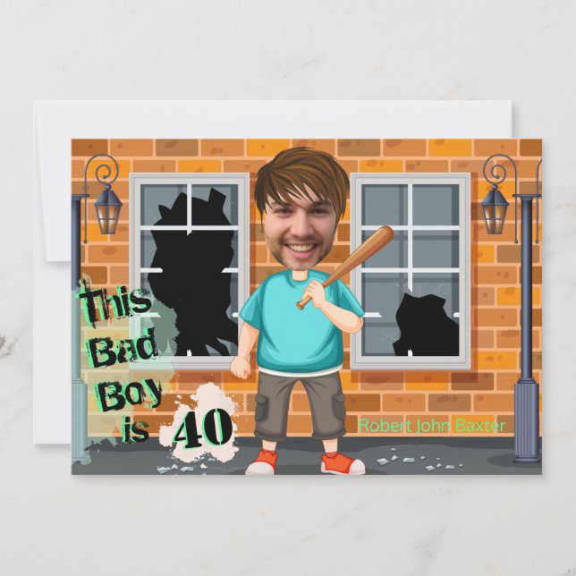 40th Men's Birthday Bad Boy Funny Face Cut-out Invitation (Front)