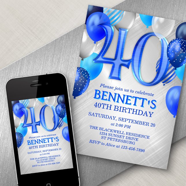 40th Mens Blue Birthday Invitation (Creator Uploaded)