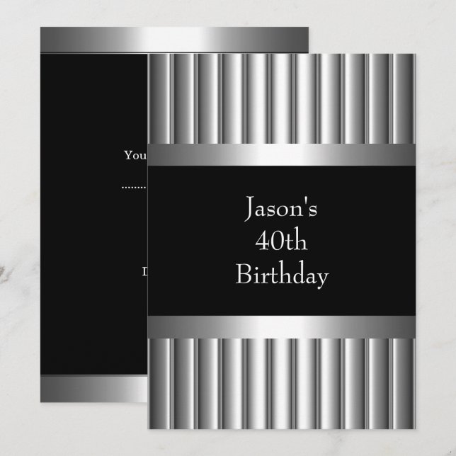 40th Metal Chrome Black White Style Silver Mens Invitation (Front/Back)