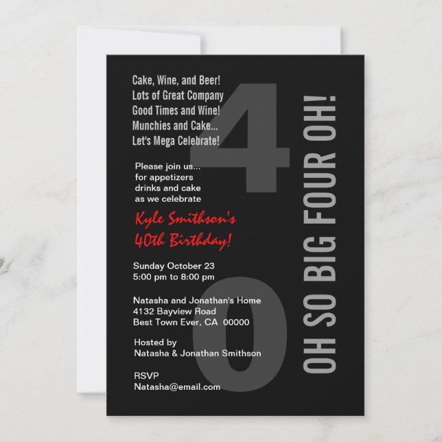 40th Modern Birthday Black White Red FOUR OH! Invitation (Front)