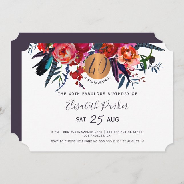 40th Modern boho floral watercolor birthday party Invitation (Front/Back)