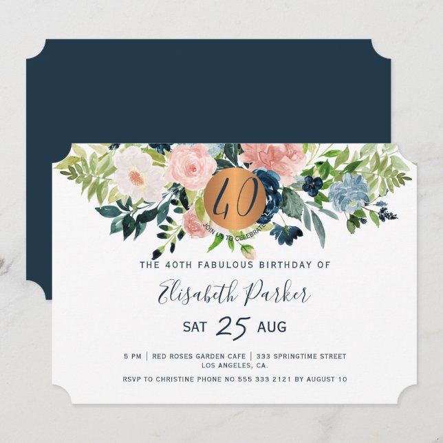 40th Modern floral navy watercolor birthday party Invitation (Front/Back)