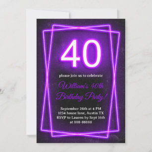 40th Neon Lights Retro Black Forty Birthday Invitation
