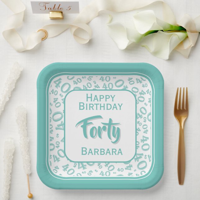 40th Party Random Number Pattern Teal/White Paper Plate (Wedding)