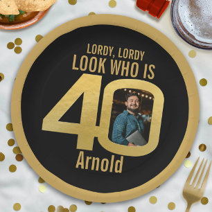 40th photo birthday black and gold paper plate