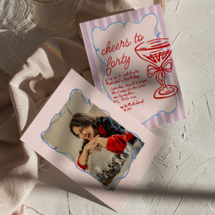 40th Pink Drawn Colourful Champagne Photo Birthday Invitation