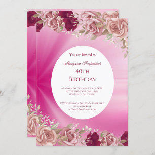 40th Pink Flowers Red Pink Roses Birthday Party Invitation