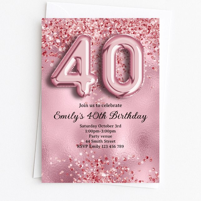40th Pink Glitter Birthday Invitation (Creator Uploaded)