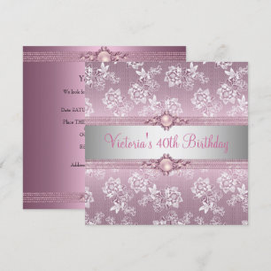 40th Pink White Silver Lace Floral Birthday Party Invitation