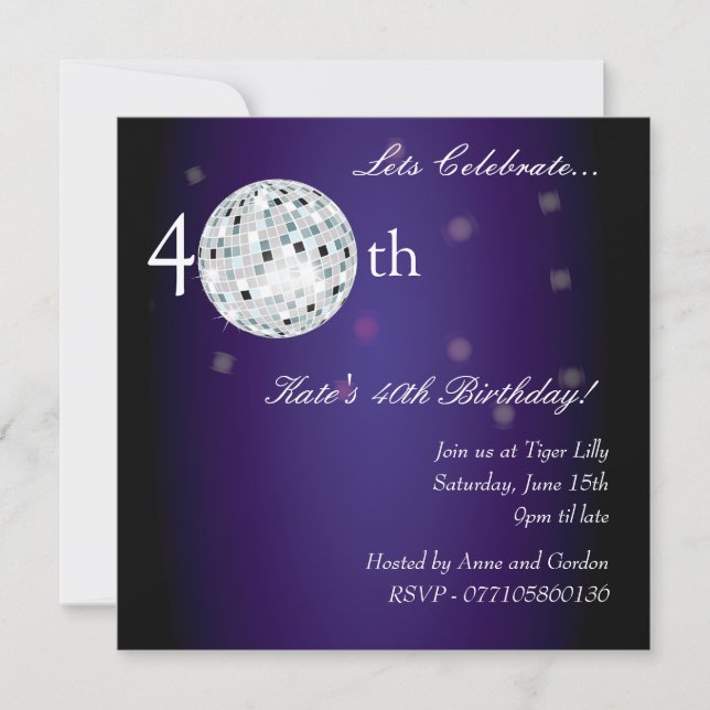 40th Purple Disco Ball Party Invitation (Front)