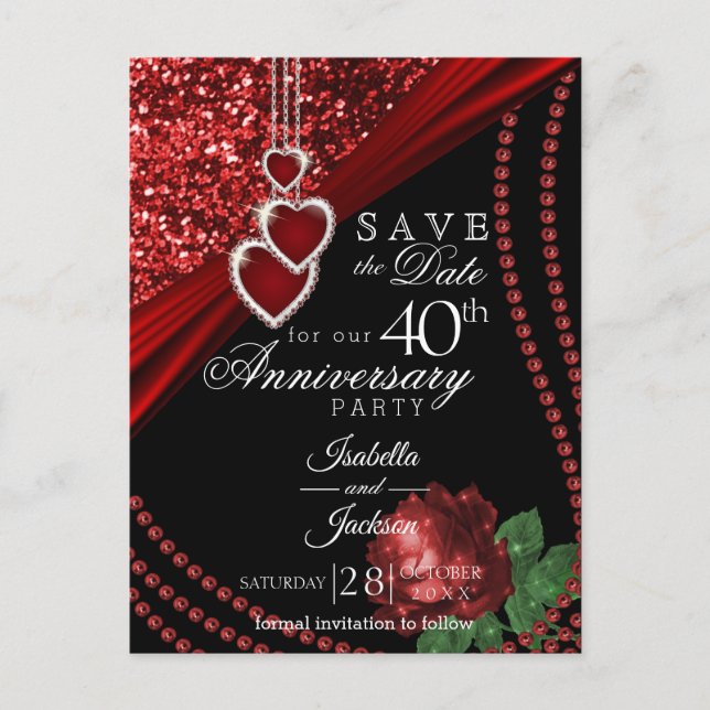 40th Red Glitter & Rose Anniversary -Save the Date Announcement Postcard (Front)