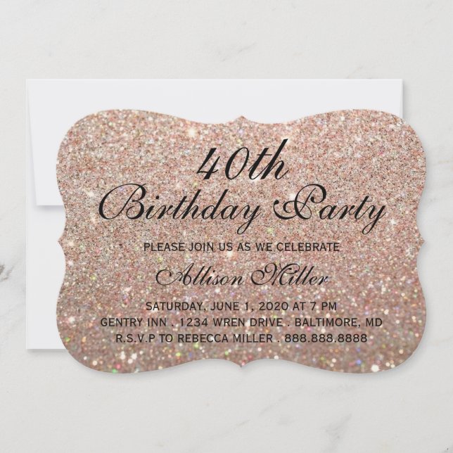 40th Rose Gold Glitter Fab Glam Birthday Party Invitation (Front)