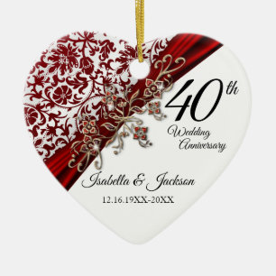40th Ruby and White with Floral Anniversary Ceramic Tree Decoration