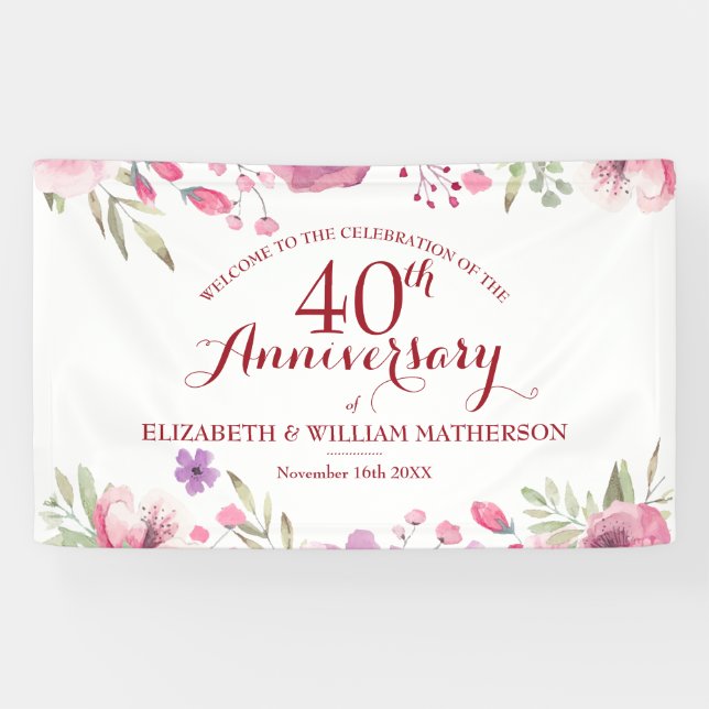 40th Ruby Anniversary Floral Watercolor Welcome Banner (Horizontal)