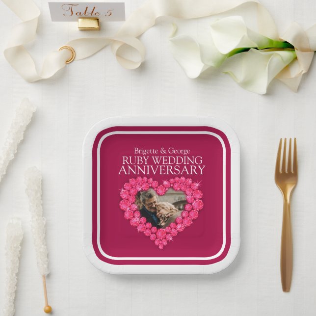40th Ruby Anniversary photo red heart square Paper Plate (Wedding)