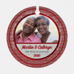 40th Ruby Anniversary Red and Silver Damask Photo Metal Tree Decoration