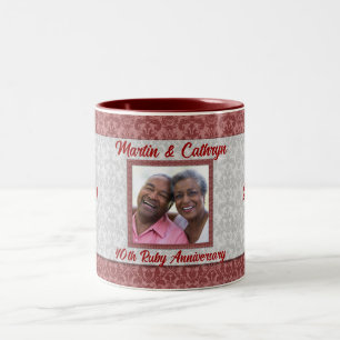 40th Ruby Anniversary Red and Silver Damask Photo Two-Tone Coffee Mug