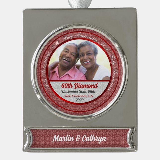 40th Ruby Anniversary Red Silver with Photo Silver Plated Banner Ornament (Front)