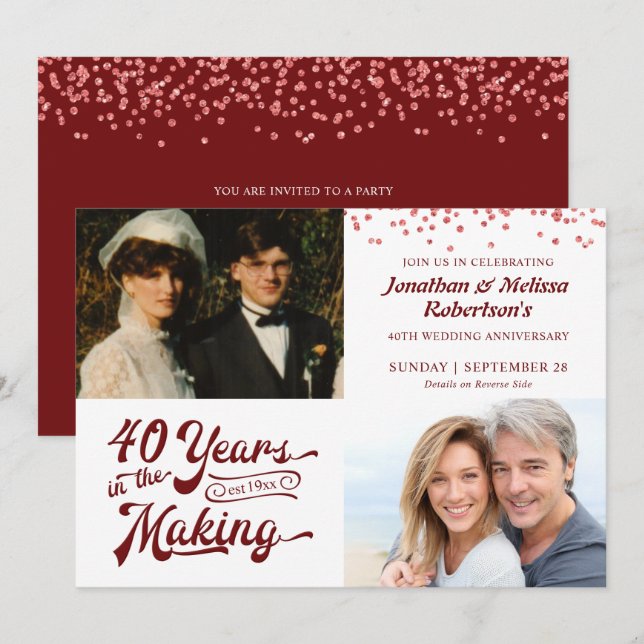 40th Ruby Anniversary Then & Now Photos Party Invitation (Front/Back)