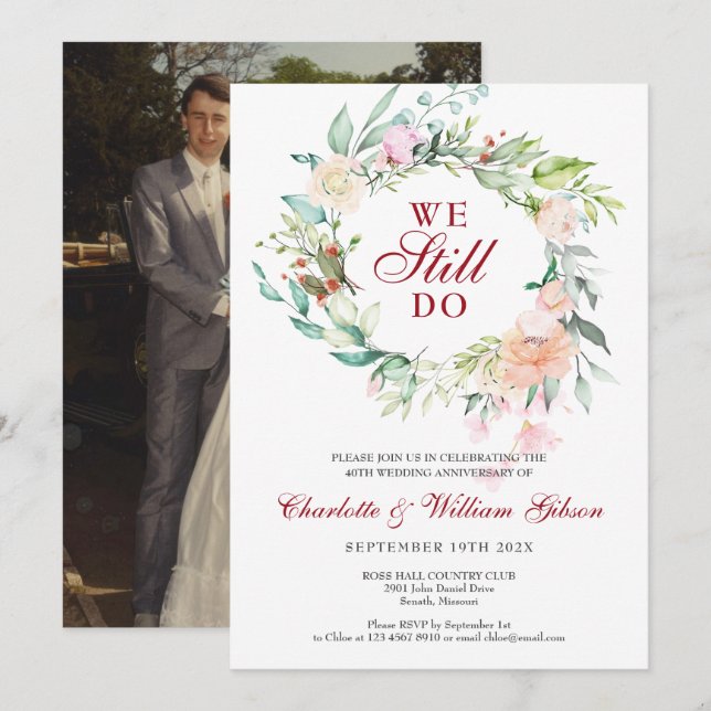 40th Ruby Anniversary Vow Renewal Floral Photo Invitation (Front/Back)