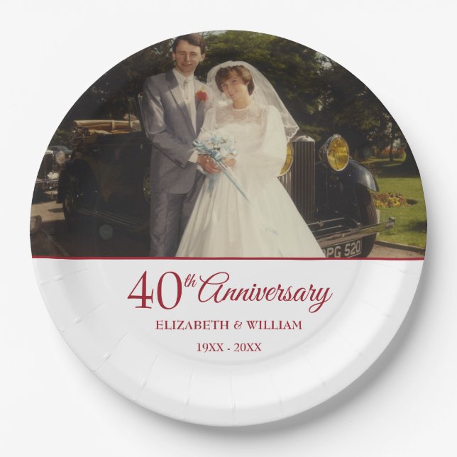 40th Ruby Anniversary Wedding Photo Elegant Paper Plate (Front)