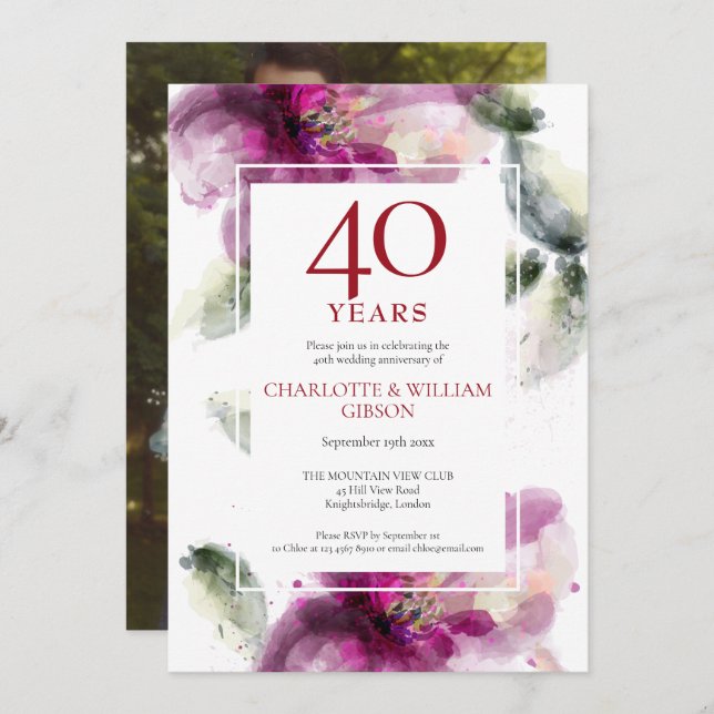 40th Ruby Anniversary Wedding Photo Lilies Floral  Invitation (Front/Back)