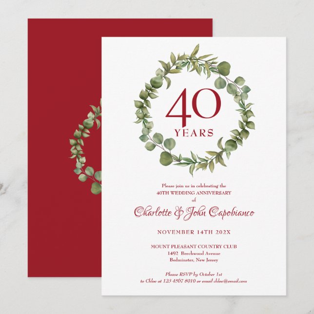 40th Ruby Anniversary Woodland Greenery Garland  Invitation (Front/Back)