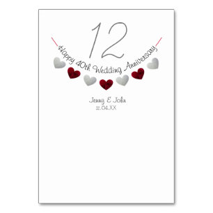 40th ruby heart wedding anniversary table number