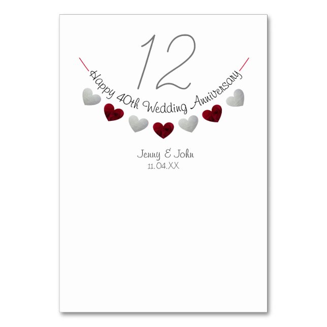 40th ruby heart wedding anniversary table number (Front)