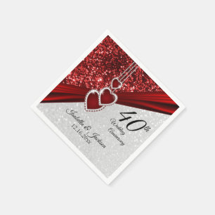 40th Ruby Red and White Glitter Anniversary Napkin
