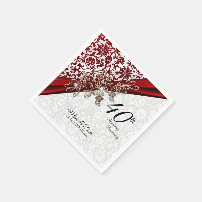 40th Ruby Red and White Wedding Anniversary Napkin (Corner)