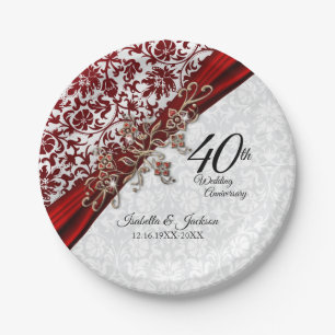 40th Ruby Red and White Wedding Anniversary Paper Plate