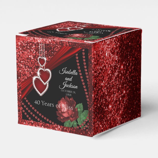 40th Ruby Red Glitter and Rose Anniversary Favour Box (Front Side)