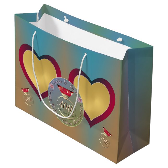 40th Ruby Wedding Anniversary 2 Heart Photos Large Large Gift Bag (Front Angled)