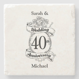 40th Ruby Wedding Anniversary Black and white Stone Coaster