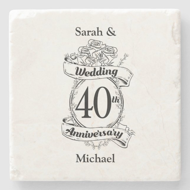 40th Ruby Wedding Anniversary Black and white Stone Coaster (Front)