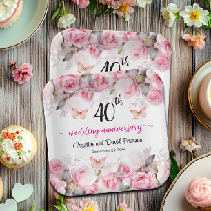 40th Ruby Wedding Anniversary Blush Roses Paper Plate