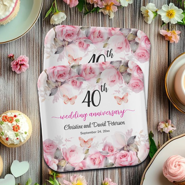 40th Ruby Wedding Anniversary Blush Roses Paper Plate (Creator Uploaded)
