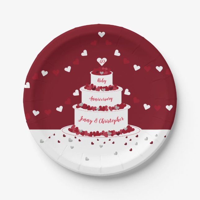 40th ruby wedding anniversary cake and bunting paper plate (Front)