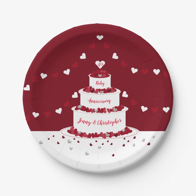 40th ruby wedding anniversary cake and bunting paper plate (Front)