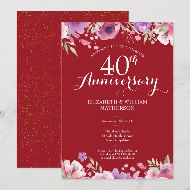 40th Ruby Wedding Anniversary Chic Country Floral Invitation (Front/Back)