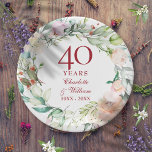 40th Ruby Wedding Anniversary Chic Roses Floral Paper Plate<br><div class="desc">Featuring a delicate watercolor floral garland,  these chic botanical 40th wedding anniversary paper plates can be personalised with your special ruby anniversary information in elegant ruby text. Designed by Thisisnotme©</div>