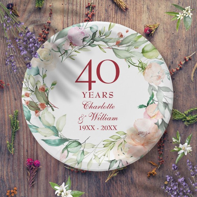40th Ruby Wedding Anniversary Chic Roses Floral Paper Plate (40th Ruby Wedding Anniversary Chic Roses Floral Paper Plates)