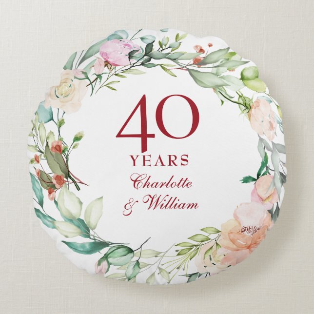 40th Ruby Wedding Anniversary Elegant Floral Round Cushion (Front)
